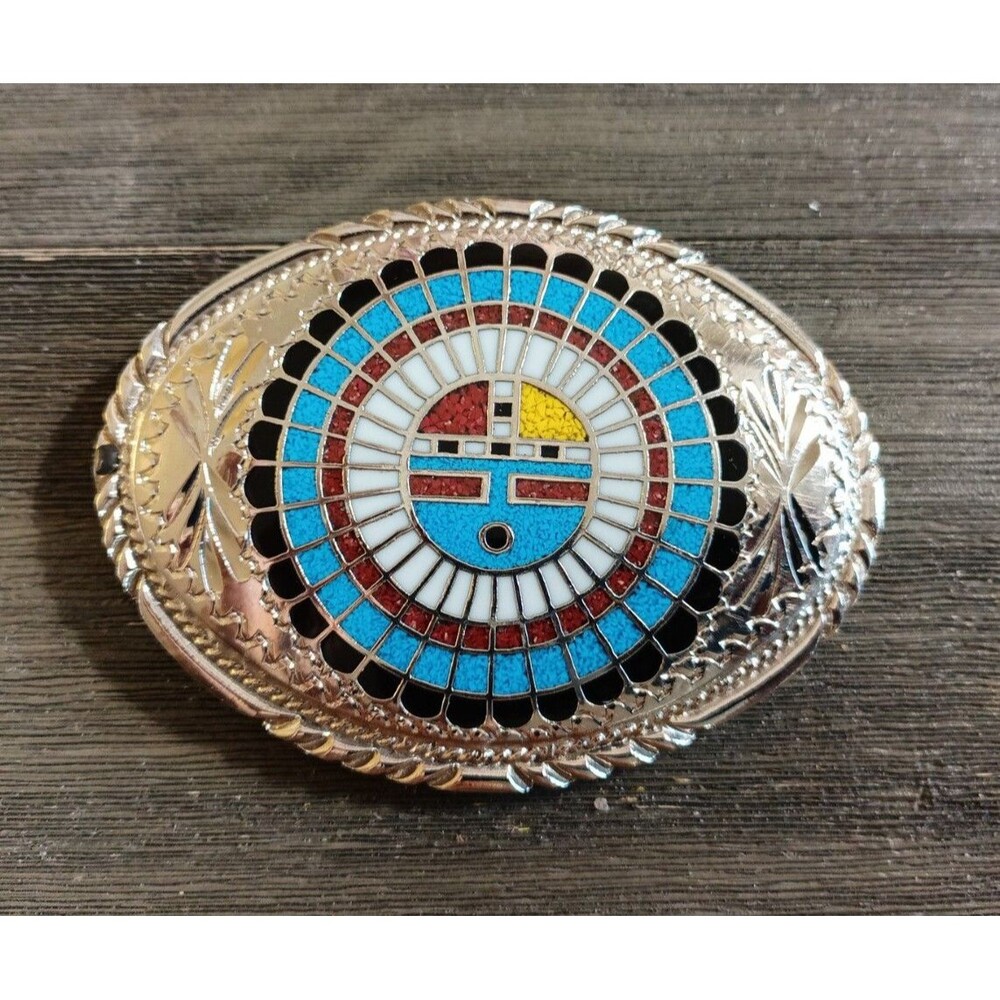 Zuni Sunface Turquoise Coral Onyx Handcrafted SSI 88 Silver Tone Belt Buckle